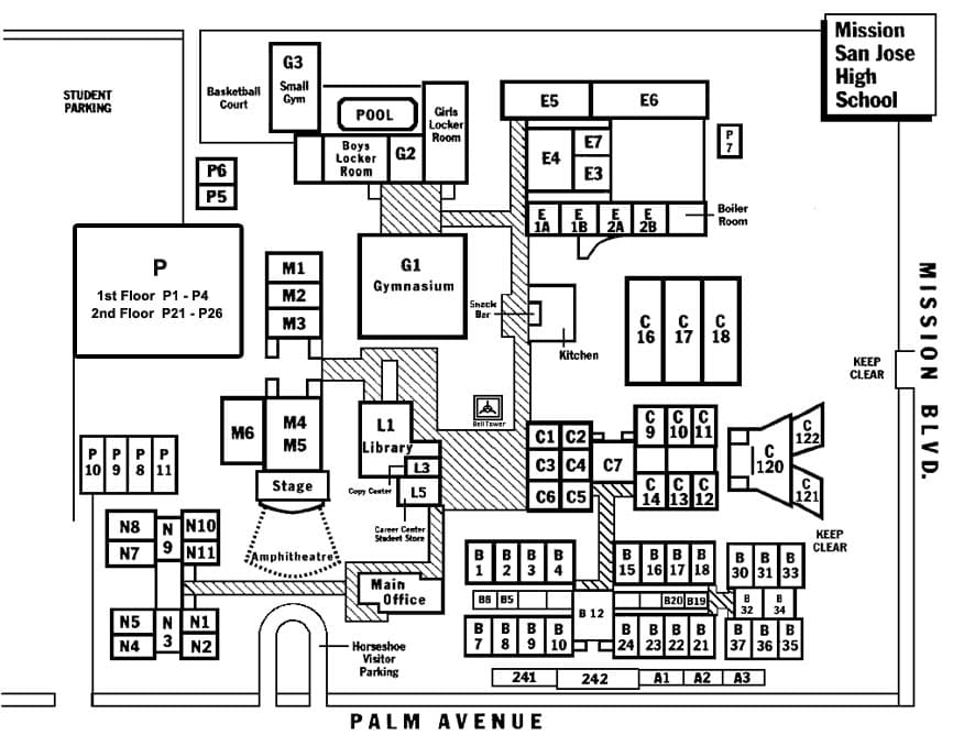 Map of the Mission San Jose High School campus with building and room labels.
