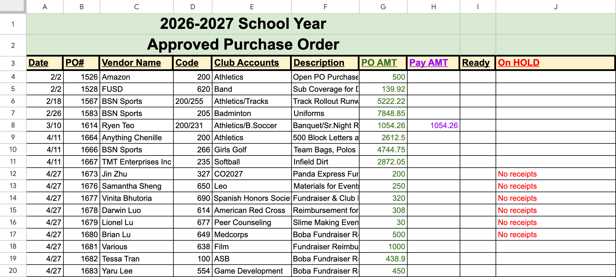 Preview of the ASB Requisitions Mastersheet: the 2026–2027 Approved Purchase Order tab, listing dates, PO numbers, vendors, club accounts, and amounts